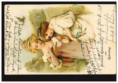 AK Félicitations anniversaire Deux filles avec des pigeons, HEIDELBERG 30.1.2001