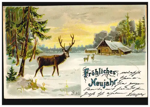 Ansichtskarte Neujahr Waldlichtung mit Försterhaus, Hirsche, BERLIN 31.12.03