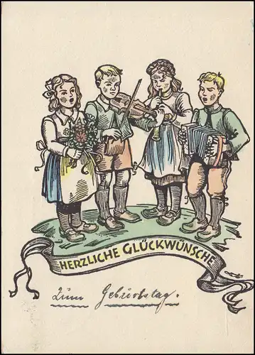 AK Glückwünsche Kinder-Musikanten spielen zum Geburtstag, apt. MÜNCHEN 28.4.948