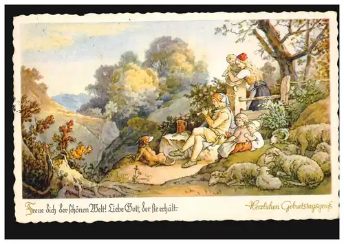 AK Glückwünsche Geburtstag Flötenspieler mit Kinder Schafen Hund, DITZINGEN 1956