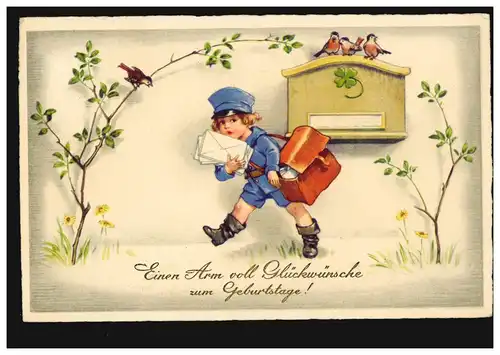 AK Glückwünsche Geburtstag Mädchen als Briefträgerin Vögel, REICHENBACH 6.2.1934