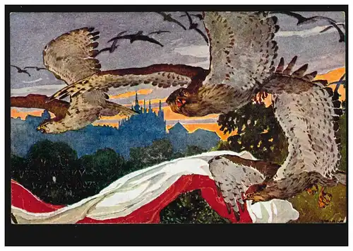 AK peinture aigle avec drapeau dans le ciel avec vue Burgan, inutilisé