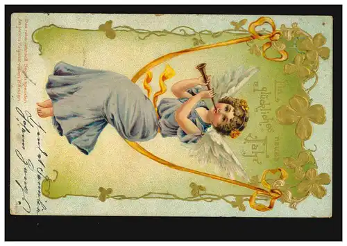 Carte de vue Nouvel An An Engel avec flûte sur la balançoire, M.GLADBACH 31.12.1904
