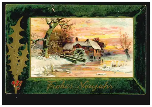 Carte de l'année Nouvel An Paysage hivernal avec moulin à eau, FRIEDRICHSHAFEN 31.12.08