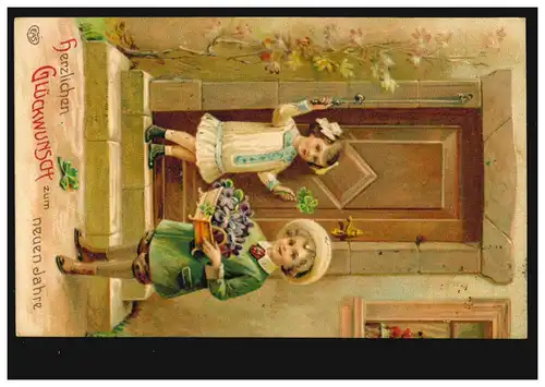 Carte de l'image Nouvel An Les enfants apportent des violettes et des trèfles chanceux HILDESHEIM 30.12.11