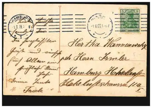 Ansichtskarte Neujahr Express-Bote bringt Rosen und Geschenke, HAMBURG 1.1.1909