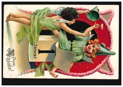 Carte de vue Nouvel An Engel verre à champagne feuille calendrier 1er janvier, HAMBURG 1.1.07