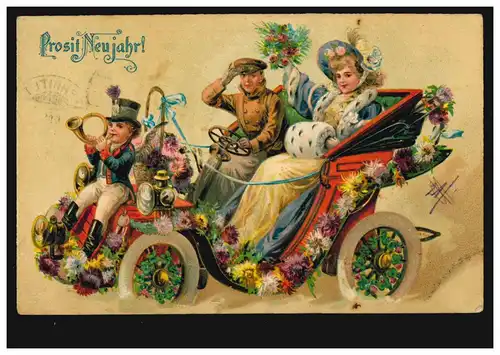 Carte de visite du Nouvel An avec voiture décorée et postillion, 1908