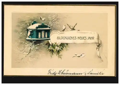 Ansichtskarte Neujahr Verschneiter Briefkasten mit Brieftauben, HAGEN 5.1.1914