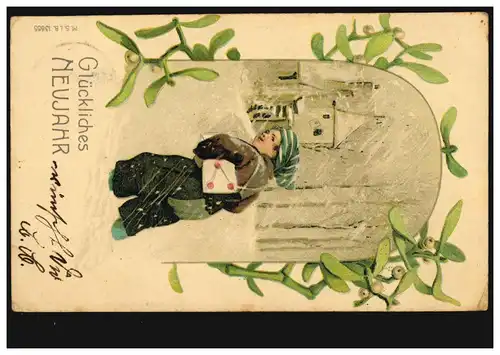Ansichtskarte Neujahr Junge als Briefbote im Schneesturm, BREISACH 30.12.1907