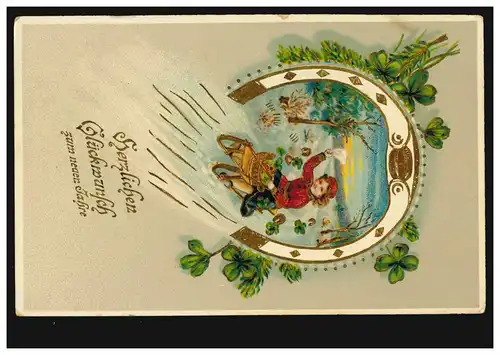 Carte de vue Nouvel An Filles sur traîneaux Fers à cheval, 30.12.1918