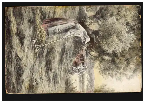 Agriculteur-AK avec femme à la moisson des foins, poste de champ DÜSSELDORF 1915