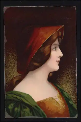 Künstler-AK Klassische Schönheiten: Frau mit rotem Hut, LEIPZIG 5.6.1912