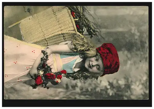 Enfants AK Fille avec panier et roses comme chapeau rouge, DELMENHORST 17.2.1908