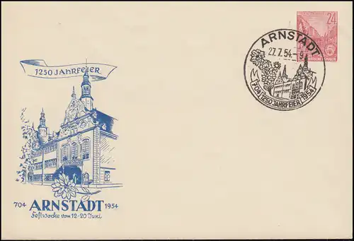 PU 12 Plan quinquennal 24 Pf 1250 Anniversaire Arnstadt 1954, SSt ARNSTADT 1954