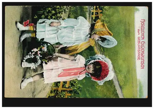 AK pour les enfants pour l'anniversaire: les filles avec de grands chapeaux apportent des fleurs, inutilisé