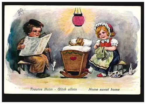 Kinder-AK Mädchen und Junge spielen Eltern mit Teddybär, TRAUNSTEIN 16.3.1914