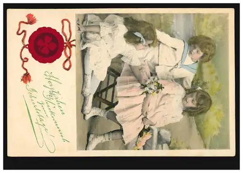 Anniversaire d'enfants AK - Fille avec des fleurs Trèfle chanceux sceau, SALZWEDEL 8.2.1910