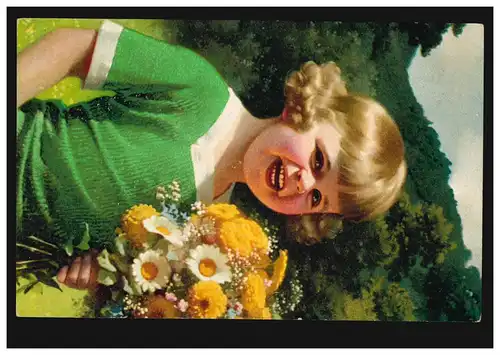 Enfants-AK fille rire avec bouquet de fleurs, Novolito édition non utilisée