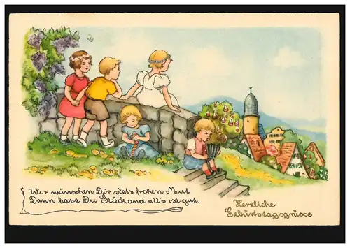 Künstler-AK Liesel Lauterborn: Geburtstag - Kinder beim Spielen, ungebraucht