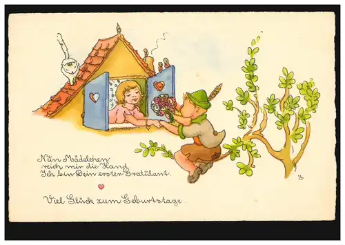 Künstler-AK Liesel Lauterborn: Geburtstag - Junge beim Fensterln, ungebraucht