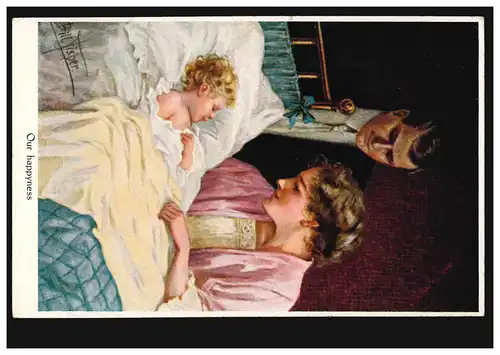 Künstler-AK Bill Fisher: Glück - Ehepaar am Kinderbett, ungebraucht
