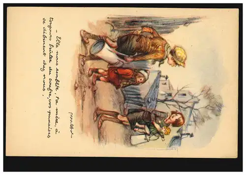 AK Poulbot: scène de rue - enfants avec des laiteries, inutilisé