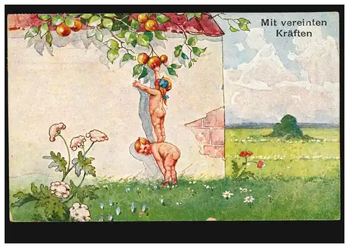 Kinder-AK Mit vereinten Kräften - Kinder pflücken Äpfel, HANNOVER 29.1.1919