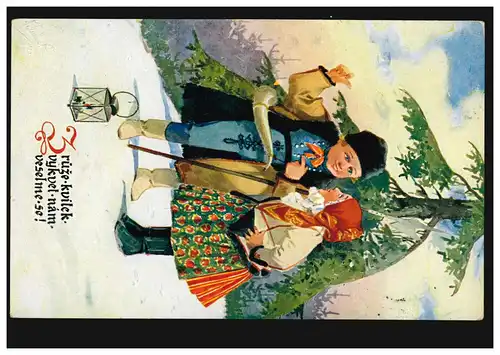 Enfants AK en costume slovaque en hiver, Kostelec nad Labem 1932