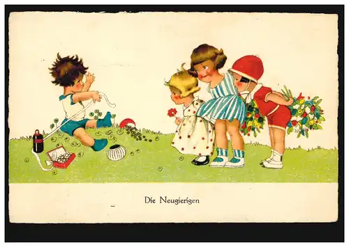 Kinder-AK Die Neugierigen, Mädchen beobachten Jungen beim Basteln, STETTIN 1928