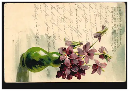 Fleures AK violette dans un vase avec poème, HORREM (B. DÜSSELDORF) 9.9.1903