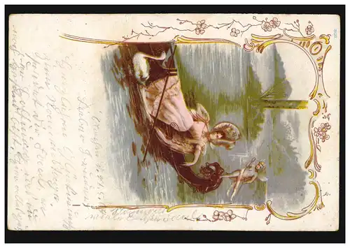 Liebes-AK Träumende Frau im Boot mit Schwan und Engel, AACHEN 27.5.1904