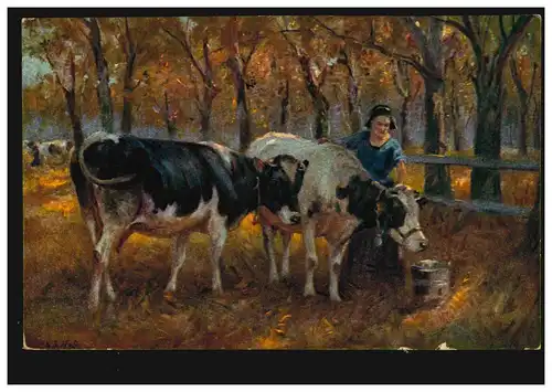 Agriculteur-AK Prof. bois: Sur le pâturage - paysanne près de la traite, MANNHEIM 1918