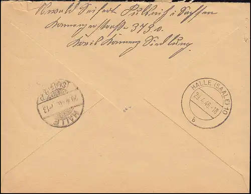 914+935 Ziffern-MiF auf R-Brief Not-R-Zettel PULSNITZ (SACHS) 24.4.1946