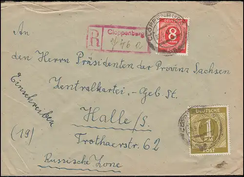 917+937 Ziffern-MiF auf R-Brief mit Not-R-Stempel CLOPPENBURG 20.8.1946