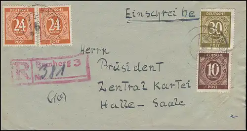 Ziffern-Frankatur auf R-Brief Not-R-Stempel BAMBERG 24.8.46 nach HALLE/SAALE