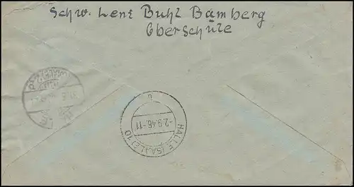 Ziffern-Frankatur auf R-Brief Not-R-Stempel BAMBERG 24.8.46 nach HALLE/SAALE