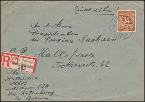 925 Ziffer mit 3 AM-Post MiF R-Brief Not-R-Zettel SOTTRUM (BZ.BREMEN) 6.6.1946