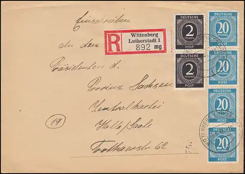 911+924 Ziffern-MiF auf R-Brief WITTENBERG LUTHERSTADT 14.6.46
