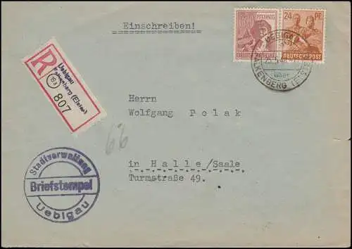 951+956 Kontrollrat-MiF auf R-Brief UEBIGAU über FALKENBERG (ELSTER) 25.5.1948