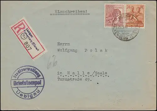 951+956 MIF de contrôle sur lettre R UEBIGAU sur FALKENBERG (ELSTER) 25.5.1948