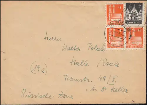 73wg + 76wG Bauwerk-MiF sur télex DILLENBRUG 2.10.1948 vers Halle/Saale