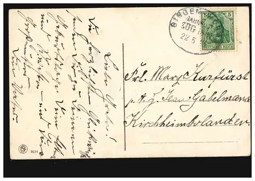 Bahnpost BINGEN-WORMS 22.5.1913 sur AK Félicitations Anniversaire Roses moulin à eau