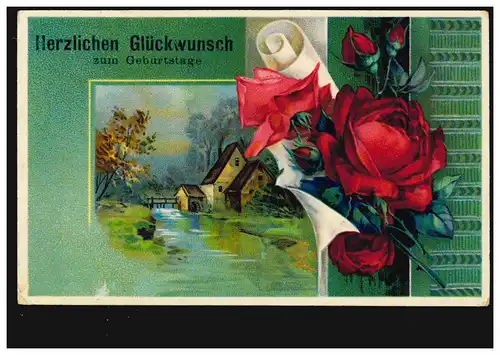 Bahnpost BINGEN-WORMS 22.5.1913 auf AK Glückwünsche Geburtstag Rosen Wassermühle