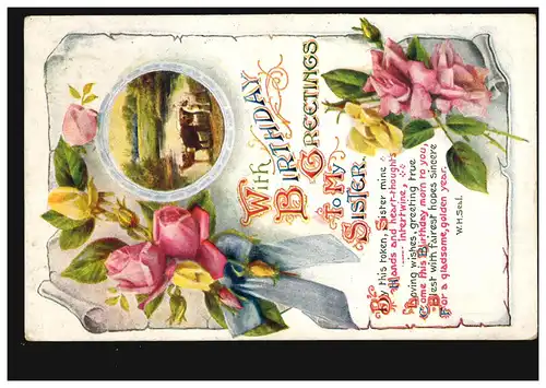 Angleterre AK Félicitations anniversaire fleurs paysage, couru vers 1910