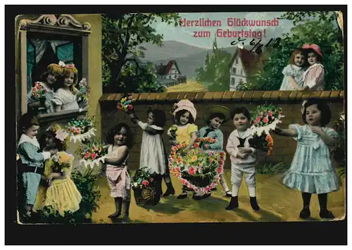 AK Félicitations pour les enfants apporter des fleurs d'anniversaire, FUTURE 6.6.1913