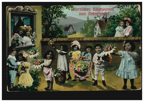 AK Glückwünsche Kinder bringen Geburtstagskind Blumen, ERFURT 6.6.1913