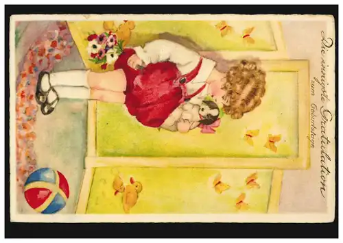 AK Félicitations Anniversaire de fille avec chiot fleurs, KIEL 22.8.1930