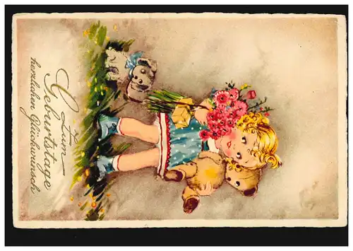 AK Glückwünsche Geburtstag Mädchen mit Teddybär Hund Blumen, BURKHARDSDORF 1931