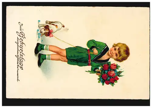 AK Félicitations anniversaire enfant costume vert chien bouquet de roses, LÖBAU 13.1.1935